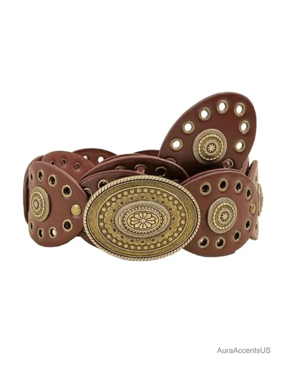 Vintage Western PU Leather Belt Concho Buckle Wide Waist 38